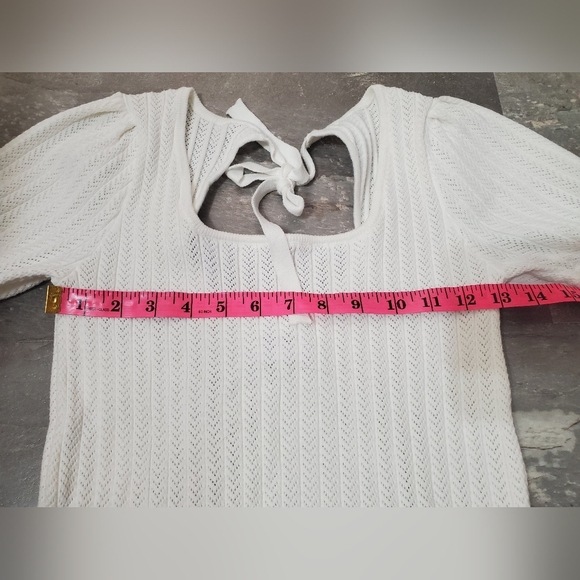 FRNCH Paris Elegant White Knit Short Sleeves Top. Partial Open Back. Bow. S. - Picture 5 of 11